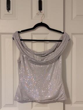 Zara Silver Sequin Cowl Neck Top